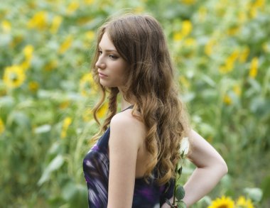 Gül ayçiçekleri alanı üzerinde yalan ile romantik kadın