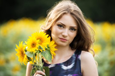 Gül ayçiçekleri alanı üzerinde yalan ile romantik kadın