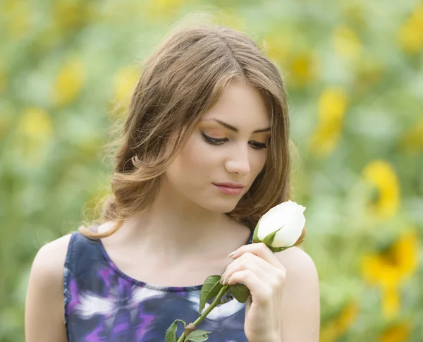 Romantische vrouw met roos liggend op zonnebloemen veld — Stockfoto