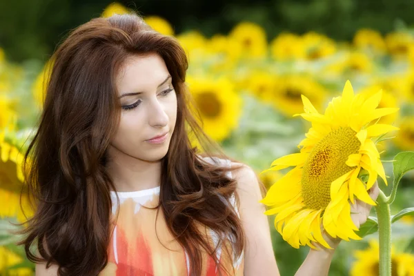Young beautiful woman on blooming sunflower field in summer — Stock Photo, Image