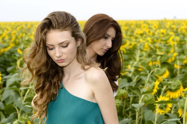 Dvě mladé, co krásné dívky v poli s květy, květy, venku — Stock fotografie