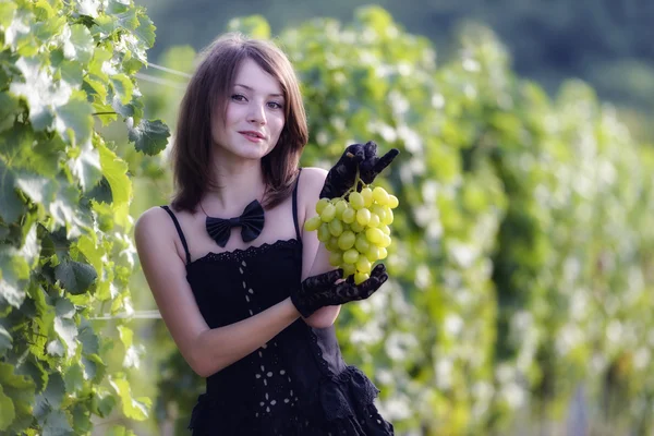 Frau inspiziert Trauben in einem Weinberg — Stockfoto