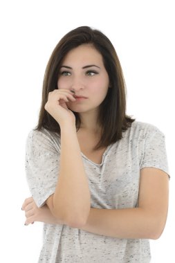 düşünme, üzerinde beyaz izole güzel bir genç kadının portresi