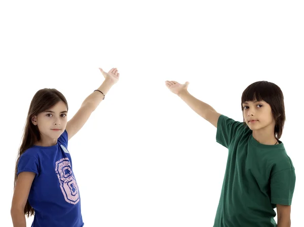 Portrait of the happy children point up by fingers on something — Stock Photo, Image