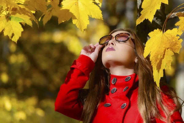 Beautiful young girl looking up on autumn background — Stock Photo, Image