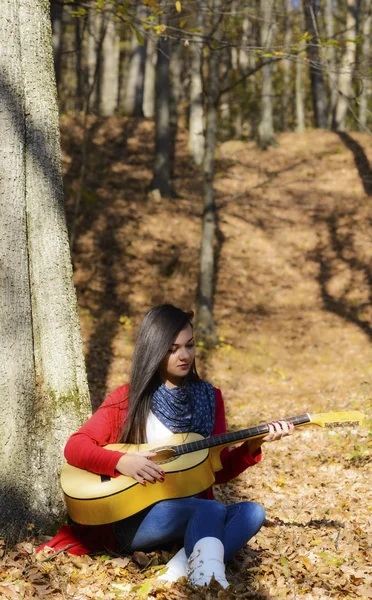 Όμορφη μελαχρινή κιθάρα παίκτης κορίτσι στο δάσος — Φωτογραφία Αρχείου
