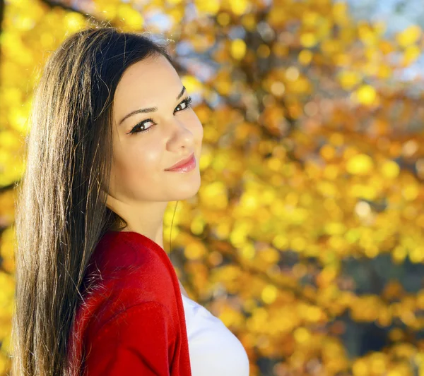 Romantik bir sonbahar manzarasında genç bir kadın — Stok fotoğraf