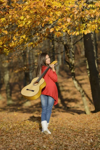 Schöne brünette Gitarristin Mädchen im Wald — Stockfoto