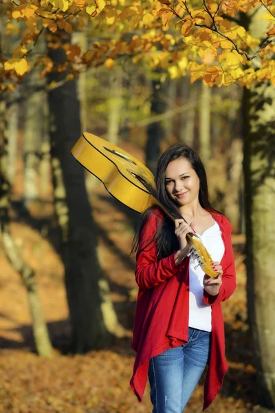 Belle fille guitariste brune dans la forêt — Photo