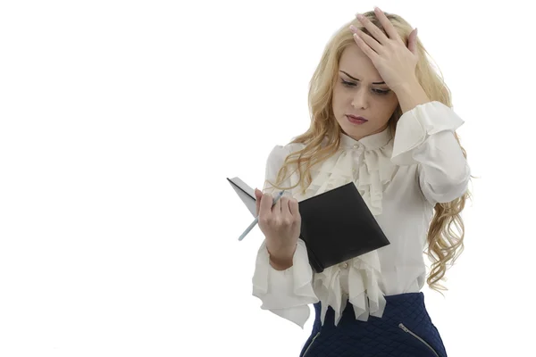 Picture of stressed woman with clipboard isolated on white backg — Stock Photo, Image