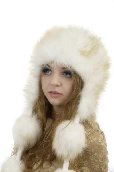 Fur Fashion Hat. Beautiful Girl in Furry Hat. Winter Woman Portr — Stock Photo, Image