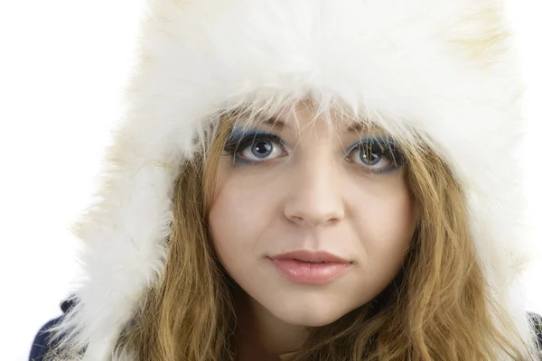 Fur Fashion Hat. Beautiful Girl in Furry Hat. Winter Woman Portr — Stock Photo, Image