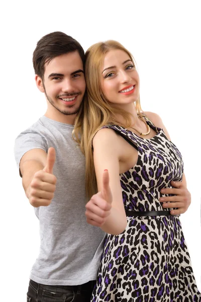 Happy couple love excited smiling holding thumb up gesture, beau — Stock Photo, Image