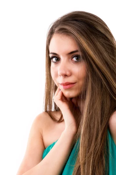 Portret van vrouw met bruin haar op witte achtergrond — Stockfoto