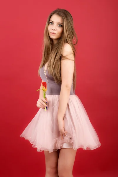 Teenage girl posing with tulip in hands on red background — Stock Photo, Image