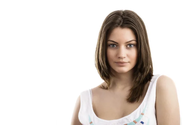 Fehér háttérhez képest vonzó fiatal nő portréja — Stock Fotó