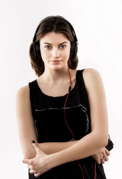 Vrouw met hoofdtelefoon luisteren muziek .music tiener meisje danci音楽 .music 10 代の少女のコラボを聞くヘッドフォンを持つ女性 — Stockfoto