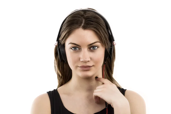 Woman with headphones listening music .Music teenager girl danci — Stock Photo, Image