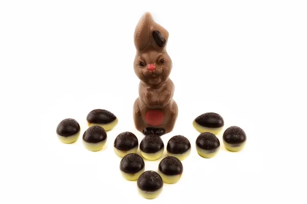 Uova di Pasqua e coniglietto pasquale fatto di cioccolato — Foto Stock
