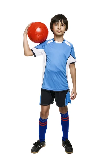 Boy in sport wear with football isolated on white background — Stock Photo, Image