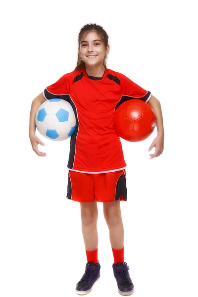 Cute Young Soccer Player with ball isolated on white — Stock Photo, Image