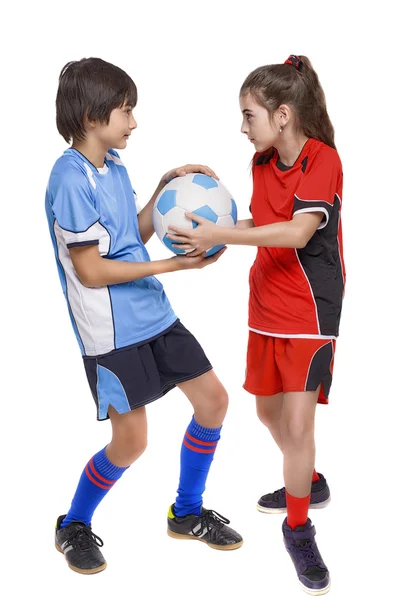 Two children soccer players fighting for a ball — Stock Photo, Image