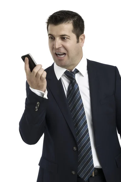 Angry business man screaming on cell mobile phone — Stock Photo, Image