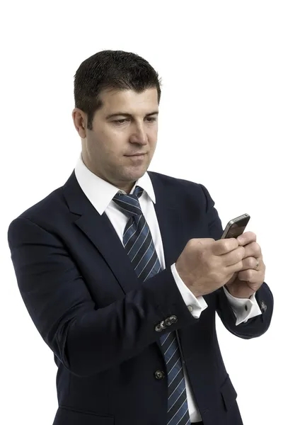 Charming businessman phoning isolated over white background — Stock Photo, Image