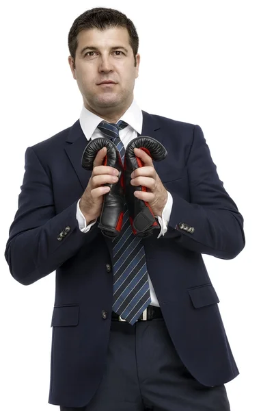Hombre de negocios guapo con guantes de boxeo —  Fotos de Stock