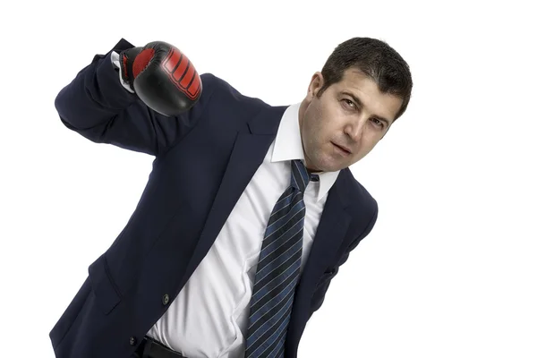 Aggressive Businessman with boxing gloves, isolated on white — Stock Photo, Image