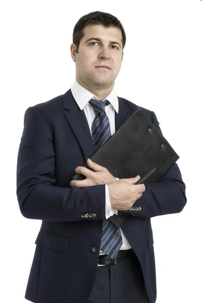 Miling middle aged businessman holding clipboard, isolated on wh — Stock Photo, Image