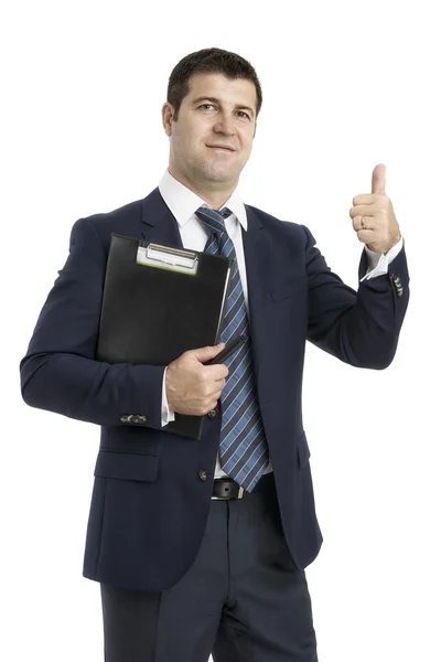 Businessman with a clipboard saying Ok isolated on white backgro — Stock Photo, Image