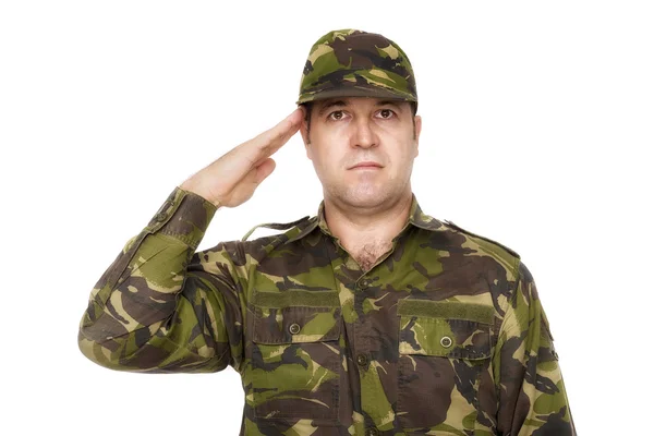 Army soldier saluting isolated on white background — Stock Photo, Image