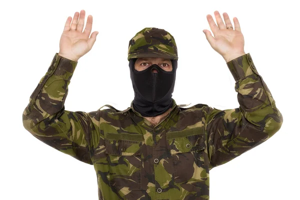 Soldier surrenders isolated on white background — Stock Photo, Image
