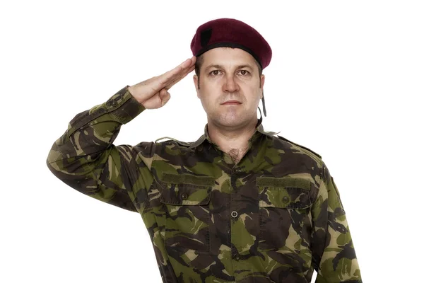 Soldato dell'esercito saluta isolato su sfondo bianco — Foto Stock
