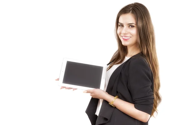 白 backgro 上で分離されてタブレット コンピューターを保持している女性実業家 — ストック写真
