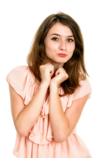 Portret van de jonge mooie vrouw met lang bruin haar over Wit s — Stockfoto