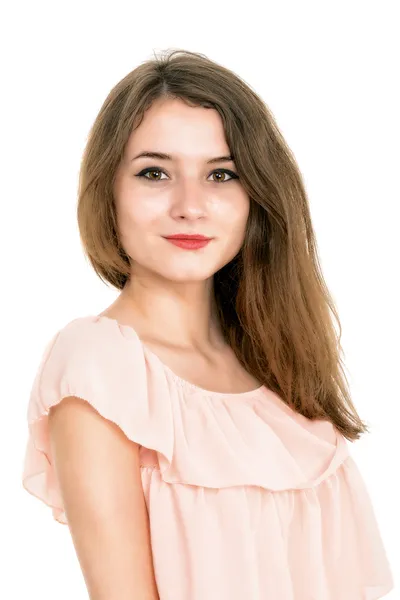 Young beautiful woman portrait with long brown hair over white s — Stock Photo, Image