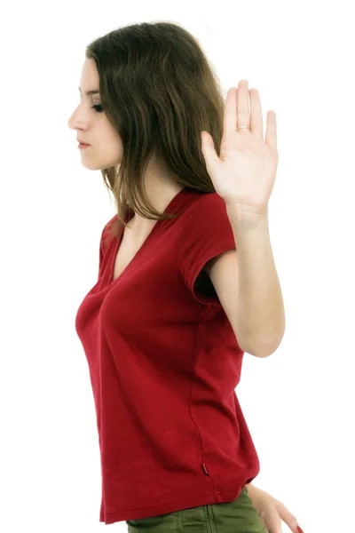 Lady making stop gesture with her palm, isolated on white — Stock Photo, Image