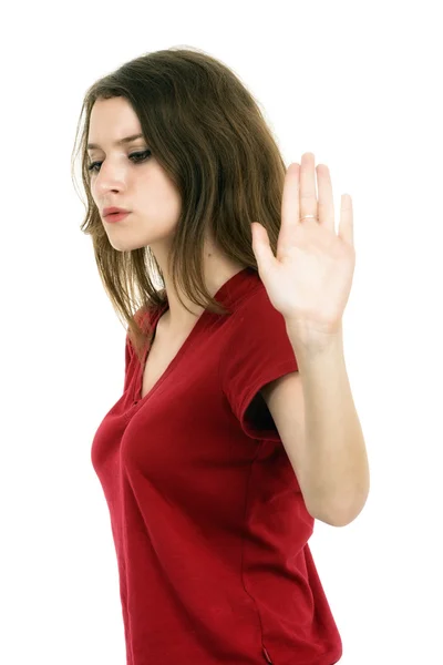 Dame maken stop gebaar met haar palm, geïsoleerd op wit — Stockfoto