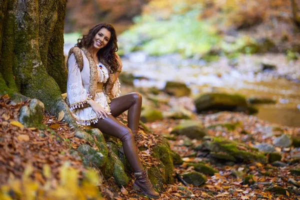 Autumn Portrait Beautiful Woman Different Positions Mountain River Autumn Season — Stock Photo, Image