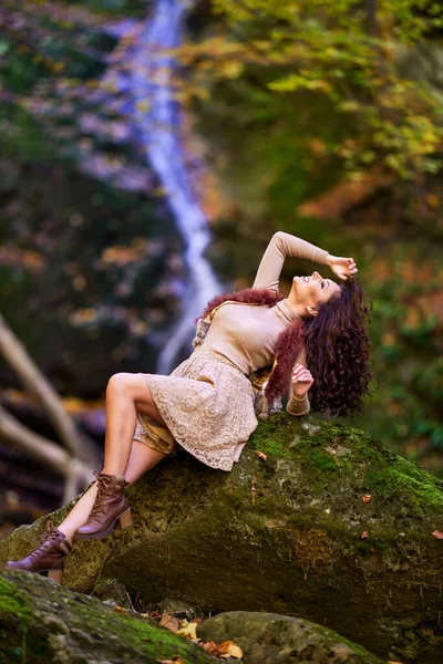 Beautiful Woman Sitting Waterfall Different Positions Fall — Stock Photo, Image