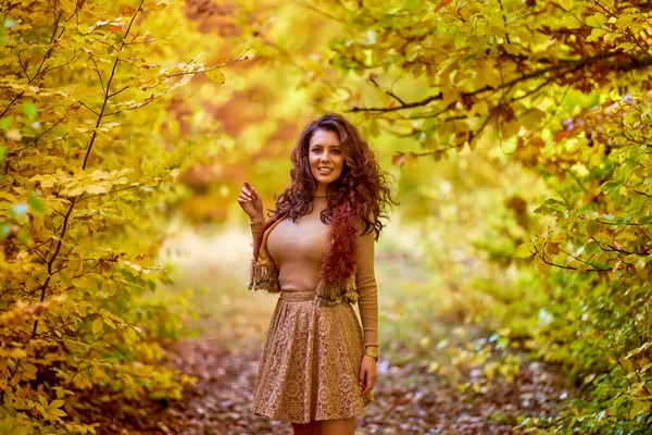 Retrato Una Hermosa Mujer Bosque Temporada Otoño — Foto de Stock