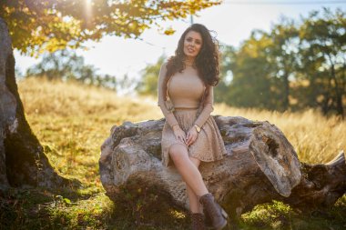 Sonbaharda yaşlı bir ağacın kütüğünde poz veren güzel bir kadın. Sonbaharın renkleri.