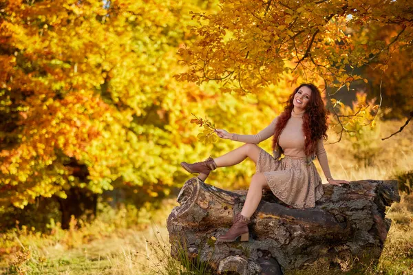 Una Hermosa Mujer Posando Sobre Tronco Viejo Árbol Otoño Los — Foto de Stock