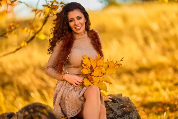 Beautiful Woman Posing Log Old Tree Autumn Colors Autumn — Stock Photo, Image