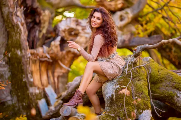 Uma Bela Mulher Posando Log Uma Árvore Velha Outono Cores — Fotografia de Stock