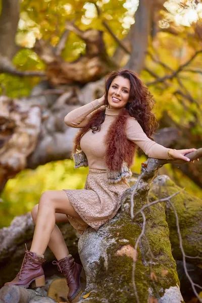 Beautiful Woman Posing Log Old Tree Autumn Colors Autumn — Stock Photo, Image