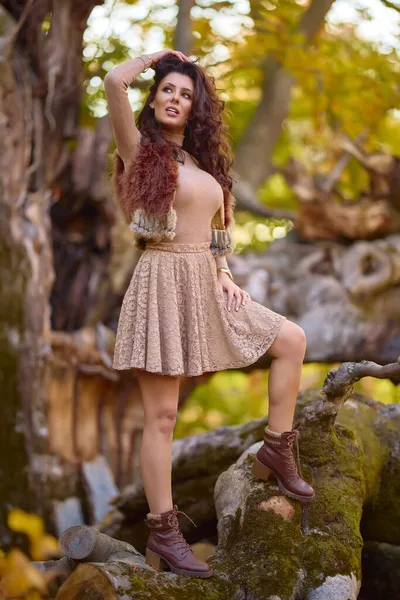 Eine Schöne Frau Posiert Auf Einem Baumstamm Herbst Die Farben — Stockfoto