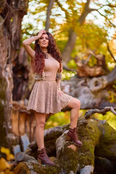Eine Schöne Frau Posiert Auf Einem Baumstamm Herbst Die Farben — Stockfoto